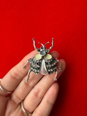 Anthropologie Silver Beetle Brooch with Green Crystals and Pearl Accents